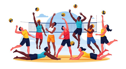 Energetic vector illustration depicting a diverse group of men and women actively playing a competitive game of volleyball, highlighting athleticism and collaborative effort