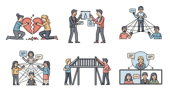 Illustrations Depicting Diverse Communication Scenarios, Conflict Resolution Strategies, Teamwork Dynamics, and Digital Collaboration Efforts for Effective Human Interaction