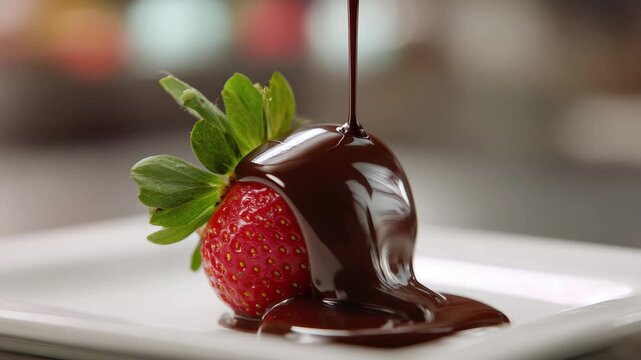Fresh strawberry being coated in rich smooth chocolate in a bright kitchen setting during summer