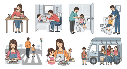 A Day in the Life Daily Activities and Moments Between Parents and Children Depicted in Illustrations