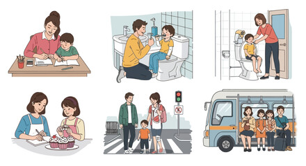 Family Life Scenes Parents with Children in Daily Activities and Transit