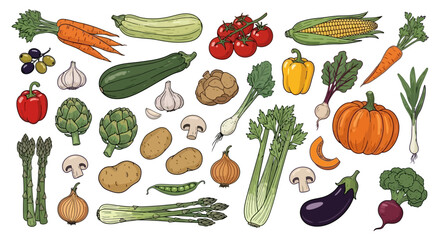 An artistic and varied collection of farm-fresh vegetables, hand-drawn in a vibrant style, highlighting healthy eating, natural ingredients, and a bountiful harvest