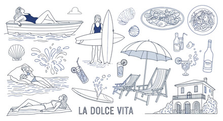 Hand-drawn collection of summer vacation elements beach lounging, surfing, seafood, drinks, and coastal architecture, evoking a relaxing holiday mood