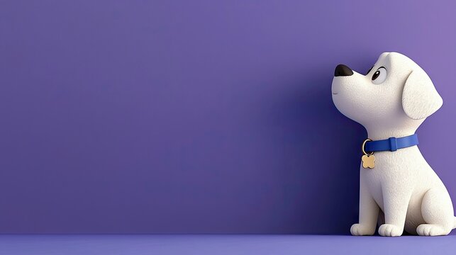 A charming 3D rendered white cartoon dog with a blue collar sits attentively, gazing upwards against a solid, soft purple backdrop. The lighting is gentle, crea - Powered by Adobe