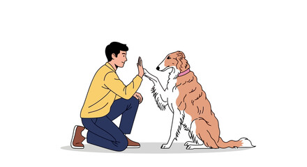 Dynamic illustration of a man and his dog high-fiving, showcasing the trust, bond, and positive reinforcement in pet training and companionship
