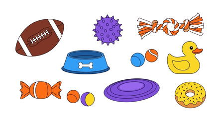 Collection of toys and accessories for pets, including a dog bowl, chew toys, tennis balls, and a frisbee, alongside other playful items like a football, candy, and rubber duck