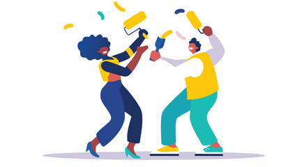Obraz premium Flat vector illustration of a happy couple decorating a home possibly for a holiday or special occasion with a festive and cheerful atmosphere