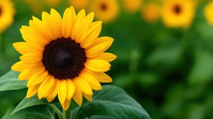 Obraz premium A vibrant sunflower stands tall against a blurred background, showcasing its bright yellow petals and dark center, symbolizing warmth and positivity.