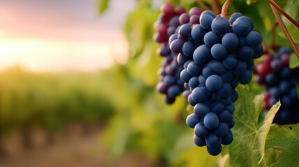 Lush purple grapes hang in a vineyard, illuminated by warm sunset light, showcasing the beauty of nature and agricultural abundance.