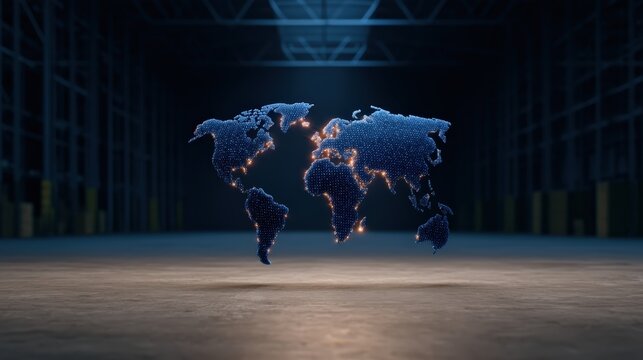 A digital globe made of glowing dots, suspended in a dark industrial space, representing global connectivity and technology.