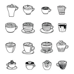 A black and white collection of hand-drawn icons featuring various coffee drinks like lattes and cappuccinos. Each sketch illustrates a unique cup style and latte art pattern, such as hearts, swirls, 