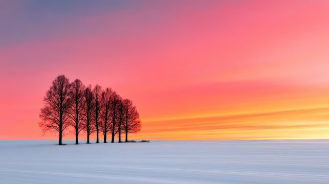 A serene winter landscape featuring silhouetted trees against a vibrant sunset sky, blending hues of pink, orange, and purple over a snowy field. - Powered by Adobe