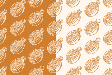 Pocket compass hand drawn seamless pattern on tan beige background for adventure merchandise. Direction compass engraving doodle pattern background. Navigation tool hatched motif wallpaper for explore
