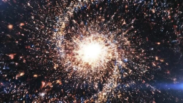 Abstract spiral galaxy of glowing particles expanding and contracting in dark space.