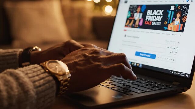Male person hands typing on laptop keyboard with Black Friday sale webpage for bargain shopping and discount marketing, closeup.