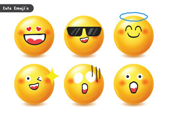 Naklejka premium Set of six cute 3D emojis showing love, coolness, surprise, and angelic expressions.