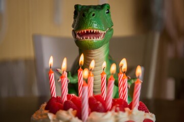 T-Rex Dinosaur Birthday Cake with Burning Candles