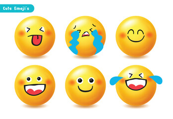 A vector set of six expressive 3D yellow emojis showcasing common emotions: laughing, crying, happy, silly face with tongue out, and smiling, ideal for communication, and social media.