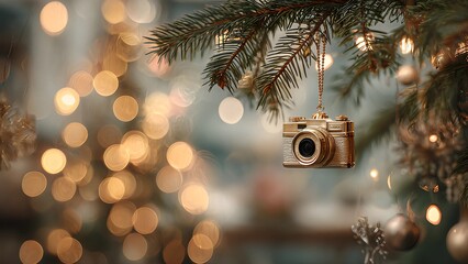 Photographer camera Christmas celebration. Vintage style camera ornament hanging on a decorated Christmas tree. Camera photo Christmas season festive and cozy atmosphere.