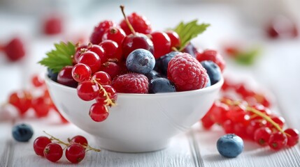 Assorted fresh organic berries in a white bowl, offering natural sweetness and promoting a healthy lifestyle