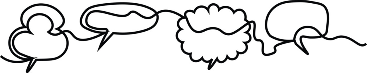 Continuous one line drawing of four speech bubbles with modern minimalist style on white background in black ink