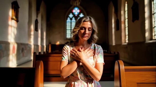 Woman walking in cathedral interior under soft rays through stained glass hands clasped in contemplation capturing peaceful devotional concept: intimate spiritual moment and the atmosphere of prayer