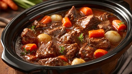 Slow cooking beef stew with carrots and pearl onions, simmering savory flavor for a hearty meal