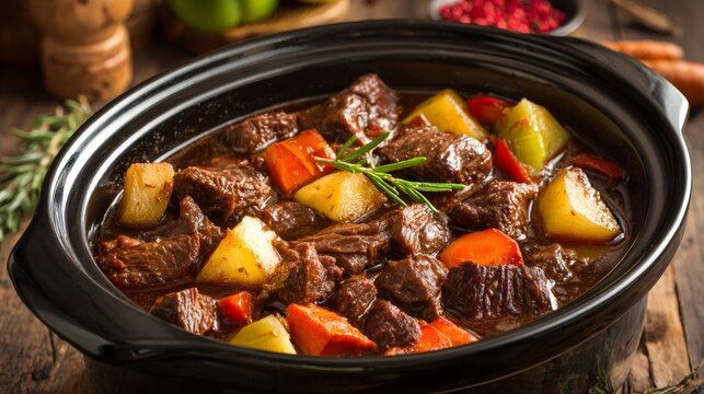 Hearty beef stew cooking in a slow cooker, simmering with tender meat, potatoes, carrots, and savory herbs