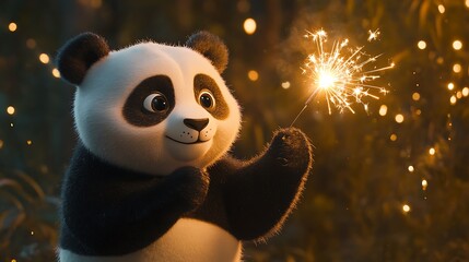 Stuffed panda holding a sparkler