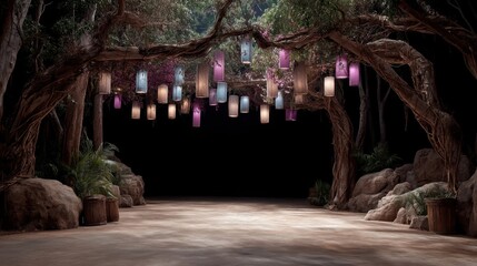 Fototapeta premium Enchanted Forest Setting with Lanterns and Natural Ambiance