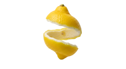 Creative lemon peel twist: peeled lemon curl separated into spirals – fresh citrus motif

