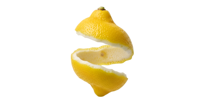 Creative lemon peel twist: peeled lemon curl separated into spirals – fresh citrus motif

