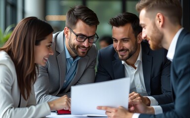 Focused Collaboration: A diverse team of business professionals huddles together, meticulously analyzing documents and engaging in collaborative brainstorming within a modern office setting.