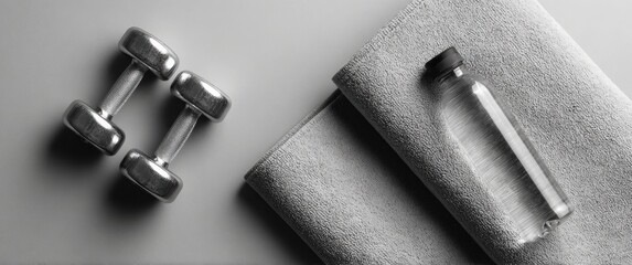 photograph of dumbbells, a yoga mat with a towel on it, and a water bottle placed against a clean background.