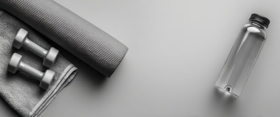 photograph of dumbbells, a yoga mat with a towel on it, and a water bottle placed against a clean background.