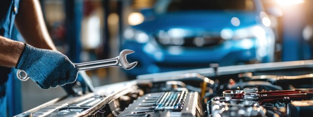 a car mechanic working with a wrench on an open car hood in an auto service garage. a technician or mechanic holding tools.