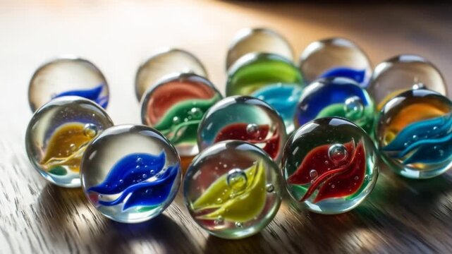 Colorful marbles with swirling patterns on a wooden surface