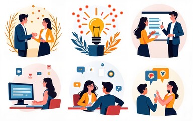 Set of trendy halftone business concept collages. Vector illustrations of idea, feedback, writing, planning, teamwork. Creative concepts for web banner, social media, business presentation, marketing.