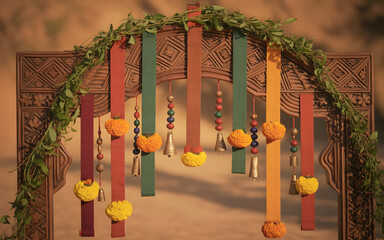Handcrafted Tribal Wooden Arch Backdrop with Indigenous Carvings, Marigold Garlands and Bamboo Decorations in Warm Festive Sunlight