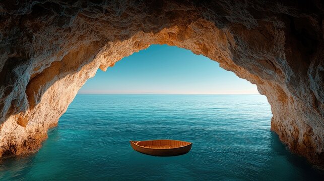 An empty wooden rowboat drifts on tranquil turquoise ocean water, framed by the sunlit opening of a large sea cave. The scene is serene and bathed in natural da