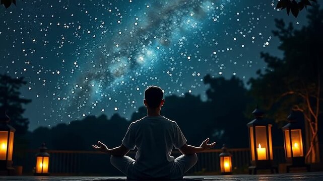 A man meditates under a starry night sky looking at the galaxy. Person practicing yoga and mindfulness on an outdoor deck. Spirituality and wellness concept