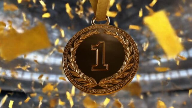 Gold medal gleams with a bold '1' center, wrapped by laurel hanging amid fluttering confetti in air