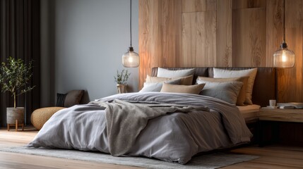 Cozy bedroom interior design featuring wooden accents soft gray bedding and warm pendant lighting