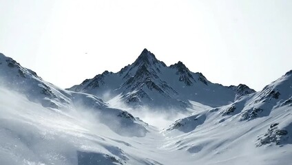 Snow-covered mountain peaks with mist and bright light. - Powered by Adobe
