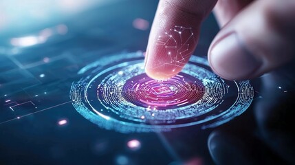 Close-up of a human finger touching a glowing, circular holographic interface with a digital network pattern. The background is dark and abstract with bokeh lig