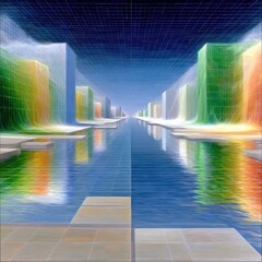 An abstract digital artwork depicting a futuristic cityscape with colorful, flowing buildings reflected in a body of water, all overlaid with a digital grid.