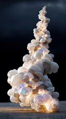 An abstract, swirling cloud-like formation with iridescent highlights rises dramatically against a dark, moody background. The textured, bulbous shapes are illu