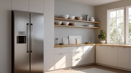 Modern kitchen interior with stainless steel refrigerator and natural light streaming through window
