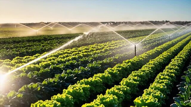 Modern irrigation system watering vibrant green crops in a sunny agricultural field