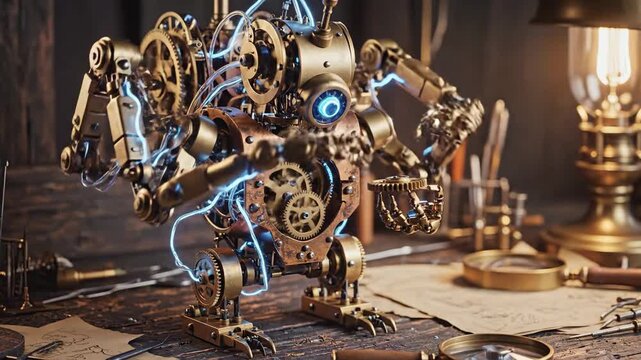 Steampunk robot detailed mechanical design with gears and lighting